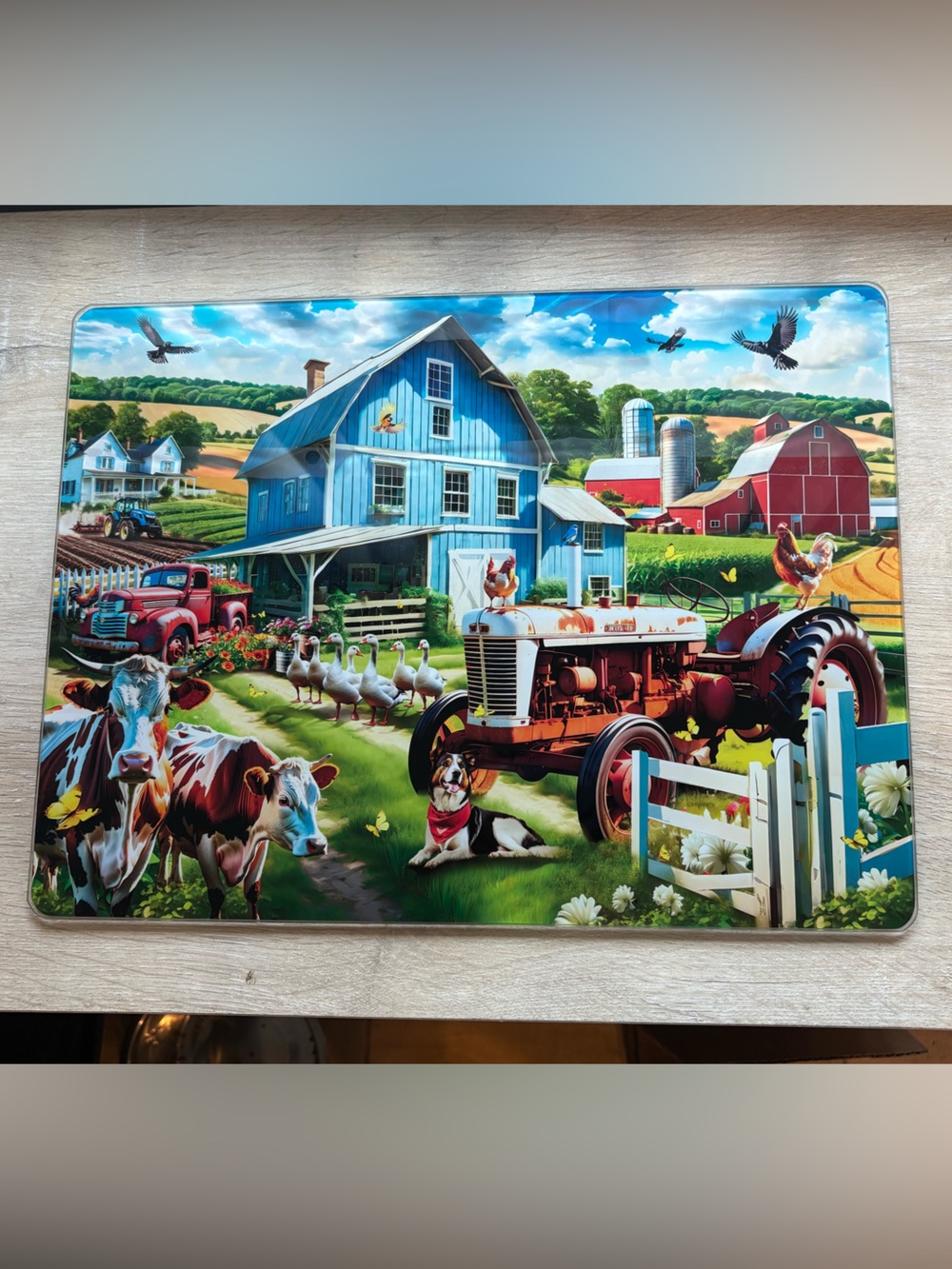 Barn Yard Scene Tempered Glass Cutting Board 12”x16”. Farm Animals Scene.
